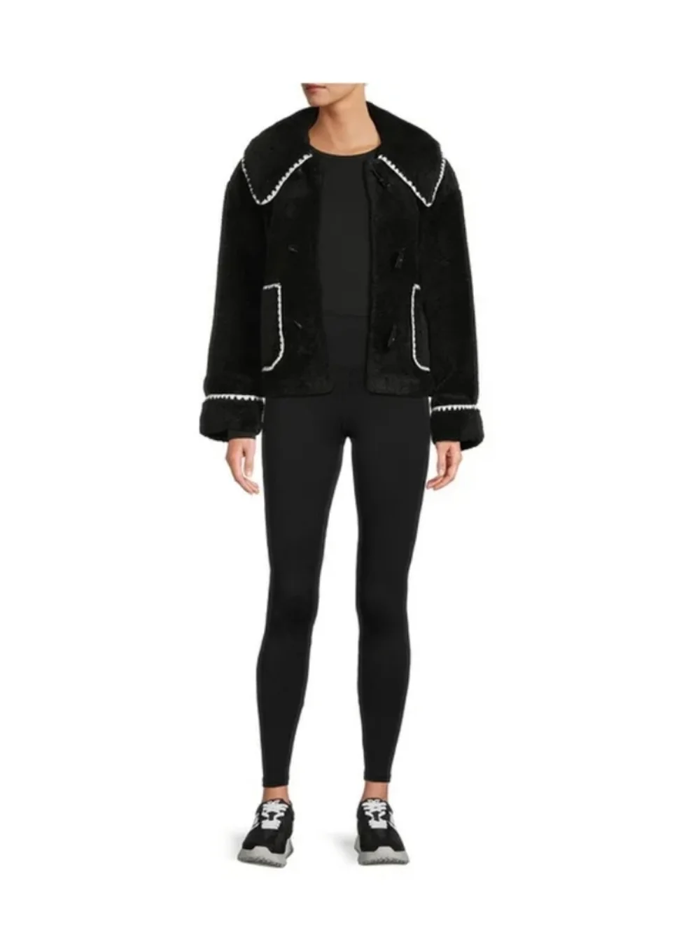 NWT Antonio Melani Contrast Stitching Shearling Teddy Jacket- Black